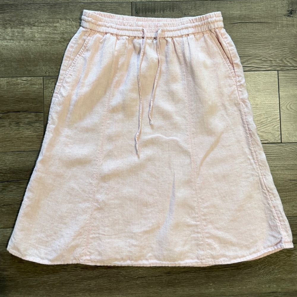 Talbots Small Petite Pink 100% Linen A-Line Skirt Elastic Waist Pockets